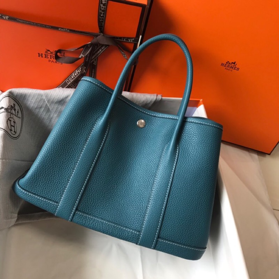 Hermes Garden Party 36cm Tote Handbag In Blue Jean Clemence Leather